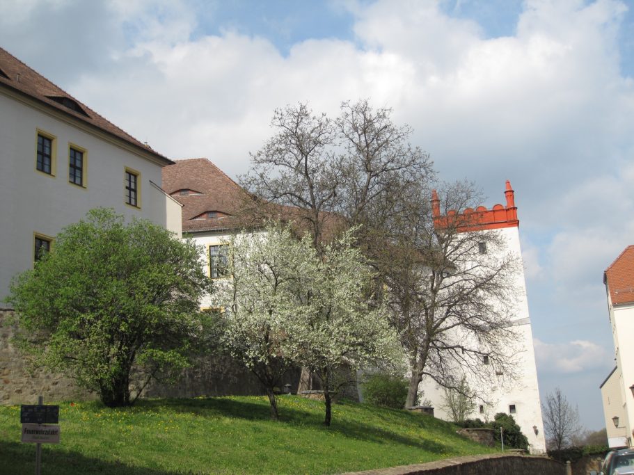 Ortenburg mit Matthiasturm am Burggraben im Frühling
